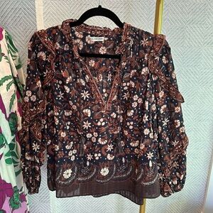 Ulla Johnson Ruffle Sleeve Top with Navy and Brown Print